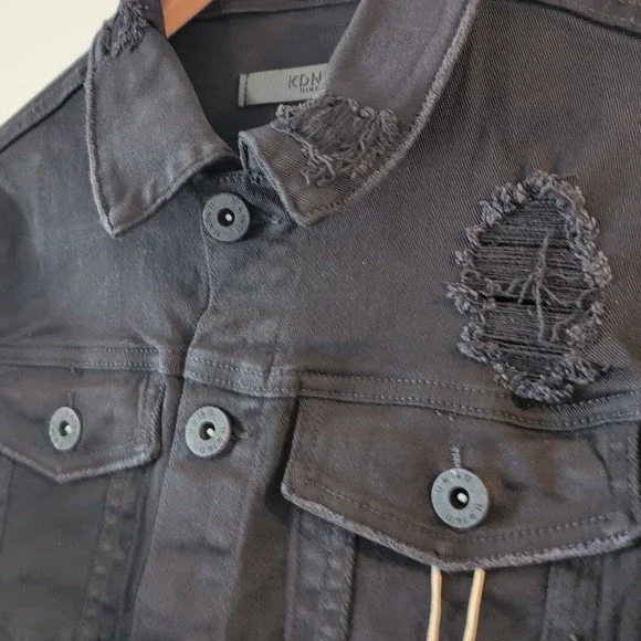 KDNK Men's Black Trucker Jean Jacket Orange Reflective Accents KN05041 Size S - Picture 7 of 13